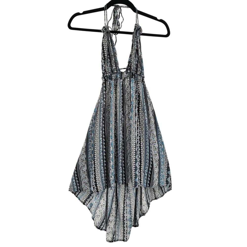 En creme Blue and Black Printed Halter Plunging Neckline Backless Dress Size S